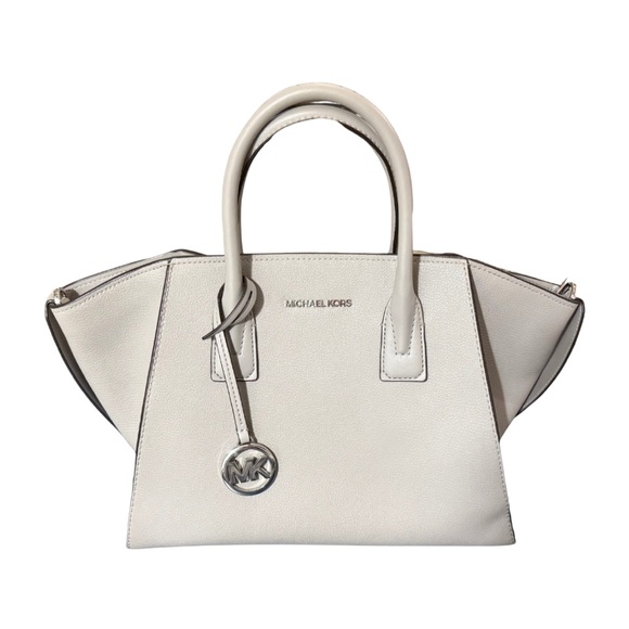 Michael Kors Avril Medium Satchel Cement Grey Pebbled Leather Handbag - Picture 1 of 10
